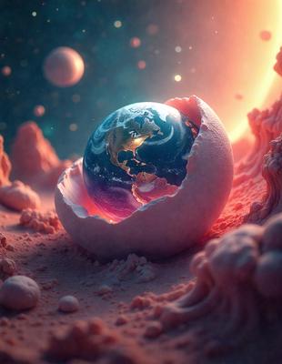The primary subject of the image is a large, cracked egg with a blue planet inside. The egg is sitting on a pink surface, which could be a part of a sandy beach or a rocky terrain. The visual style of the image is a combination of photo and digital art, creating a unique and intriguing scene. The colors and mood of the image are predominantly pink and blue, giving it a warm and serene atmosphere.